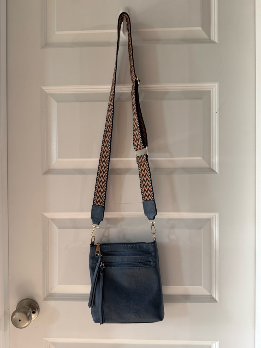 Navy Crossbody Bag with Chevron pattern Strap